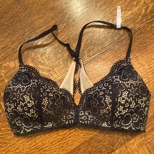 AERIE American Eagle black & nude wireless lace t-back bra 34B